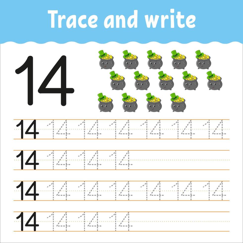 Trace and write number 14 for kids vector