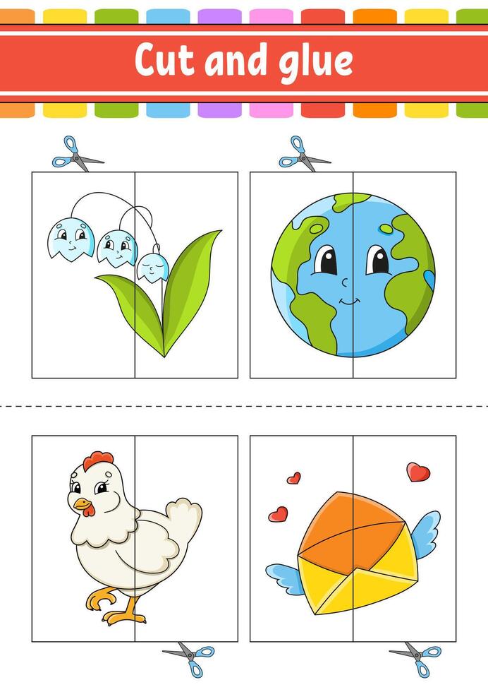 Cut and glue game for children with different pictures vector