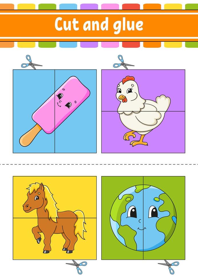 Cut and glue game for children with animals and a cow vector