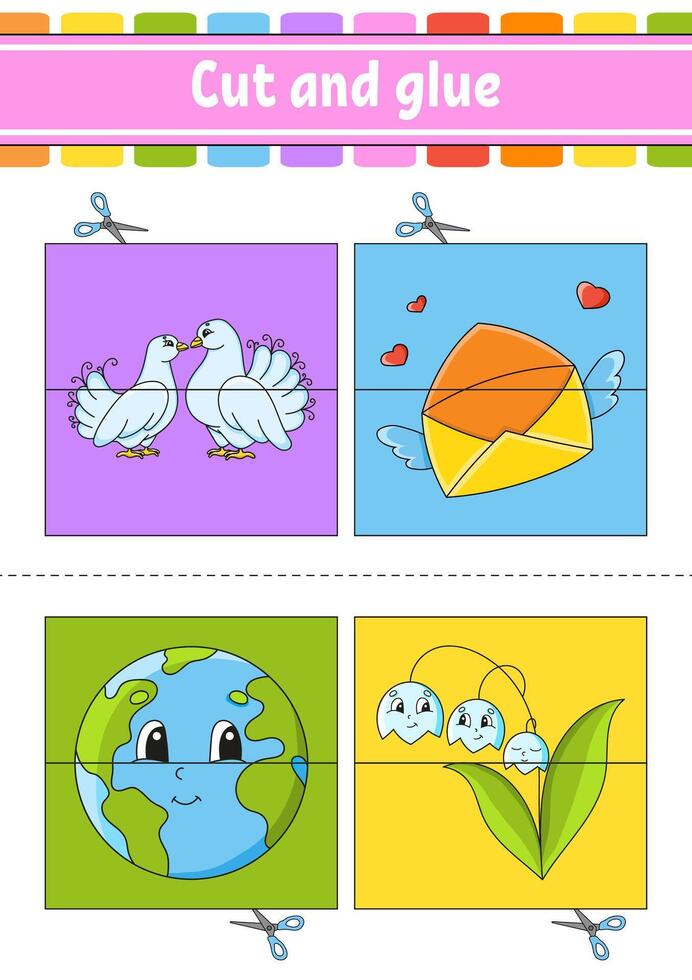 A cartoon cut and glue game with birds and flowers vector