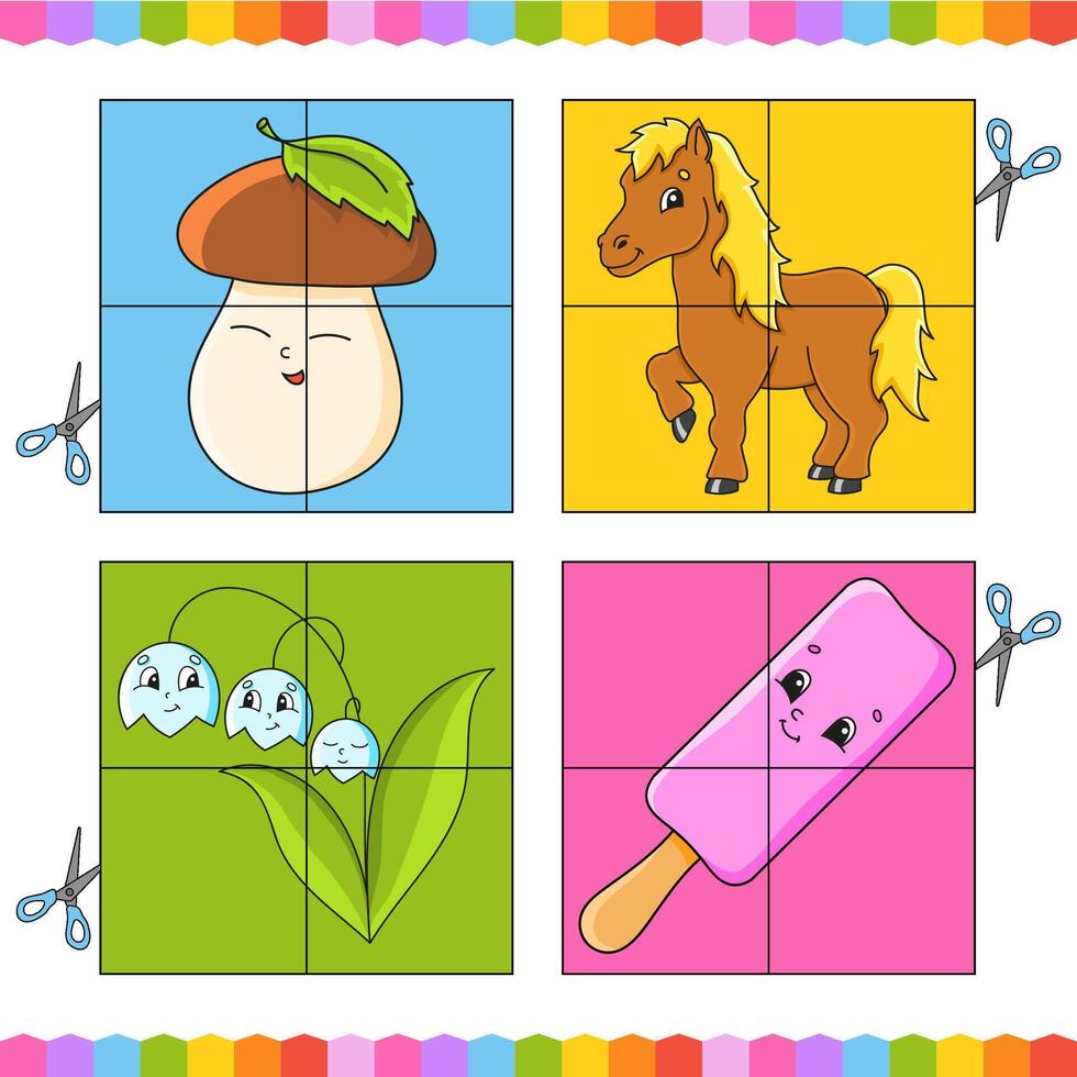 A puzzle game with a horse, a cow, a mushroom and a ice cream vector