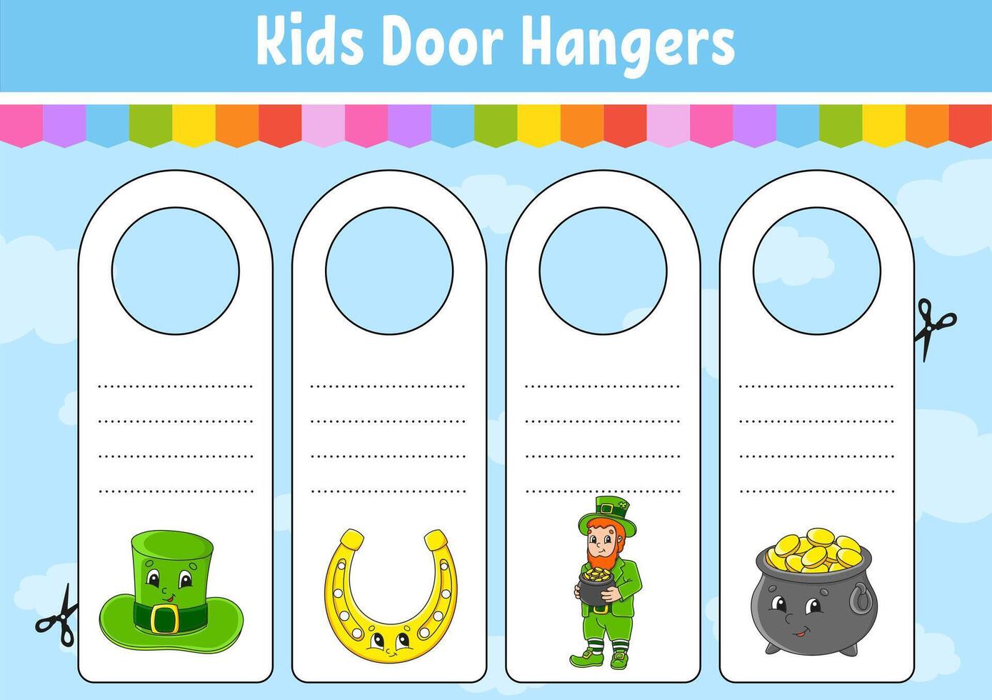 Kids door hangers with leprechaun, fortune, and other symbols vector