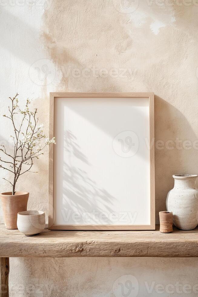 A blank wooden frame leans against a textured wall on a rustic wooden shelf, complemented by potted plants and ceramic decor. The warm tones create a cozy, nature-inspired ambiance photo