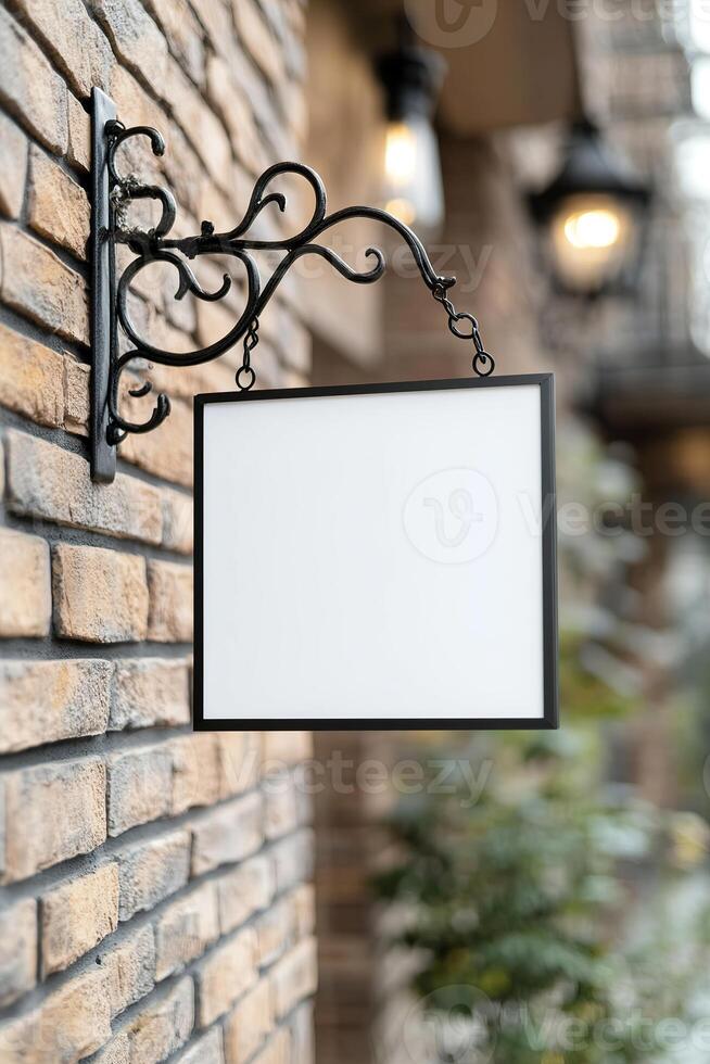A blank rectangular signboard with a black metal frame hangs from an ornate wrought iron bracket on a vintage brick wall. The softly lit street adds a nostalgic atmosphere photo