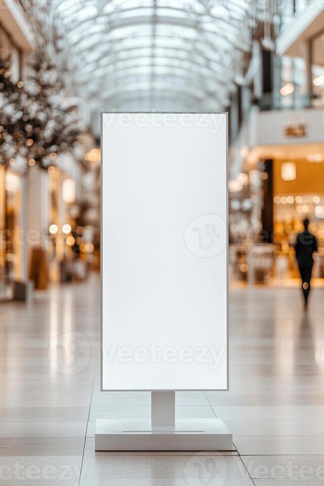 Blank vertical billboard stands prominently in a bright shopping mall, ideal for retail advertisements. Stylish storefronts and blurred shoppers enhance the mall's vibrant atmosphere photo