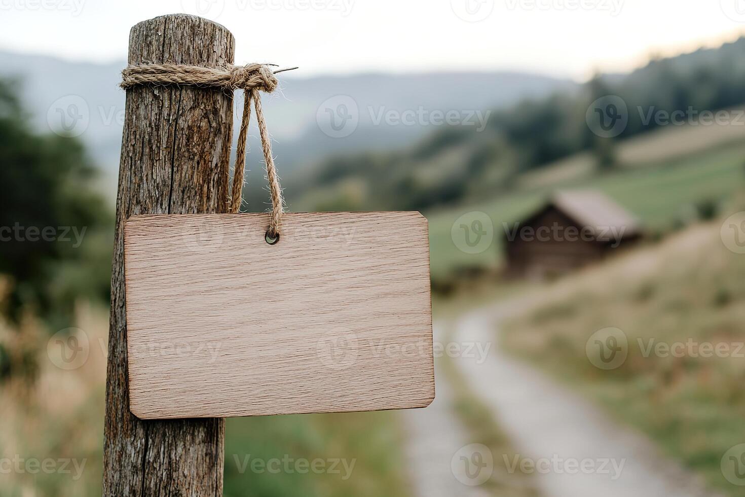 A blank wooden signboard swings gently from a rustic post, set against a backdrop of rolling hills, a wooden barn, and a tranquil dirt road. This peaceful scene invites creativity photo