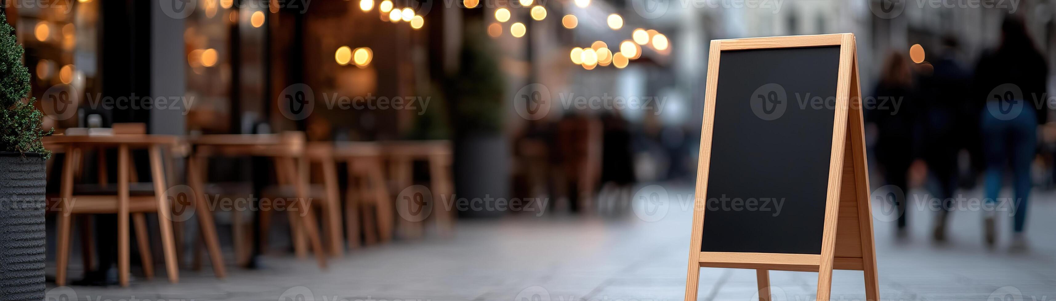 A blank A-frame sandwich board stands prominently on a bustling sidewalk in front of a trendy cafe. The softly blurred background captures wooden tables, a glass storefront, and people walking by photo