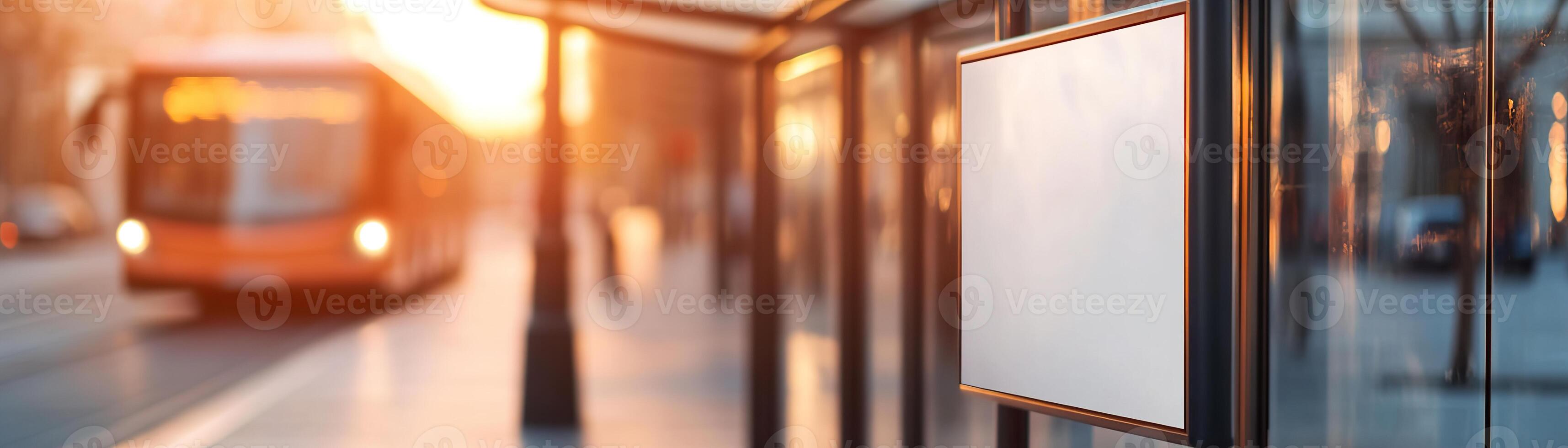 A modern bus stop features a blank advertisement board as pedestrians walk by and a city bus arrives, all bathed in the warm light of the golden hour photo