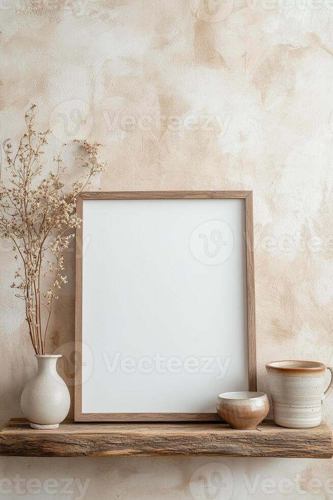A blank wooden frame rests against a textured wall on a rustic wooden shelf. Small potted plants and ceramic decor enhance the warm, inviting atmosphere of the space photo