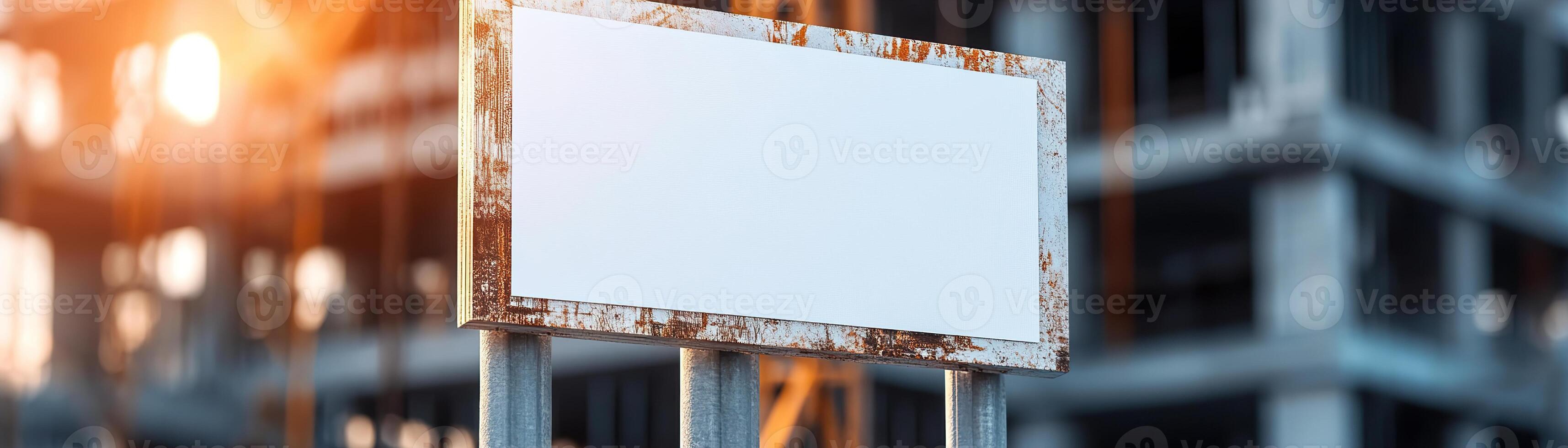 A blank billboard stands on a metal fence outside an active construction site, surrounded by cranes and scaffolding, providing an ideal space for corporate branding photo
