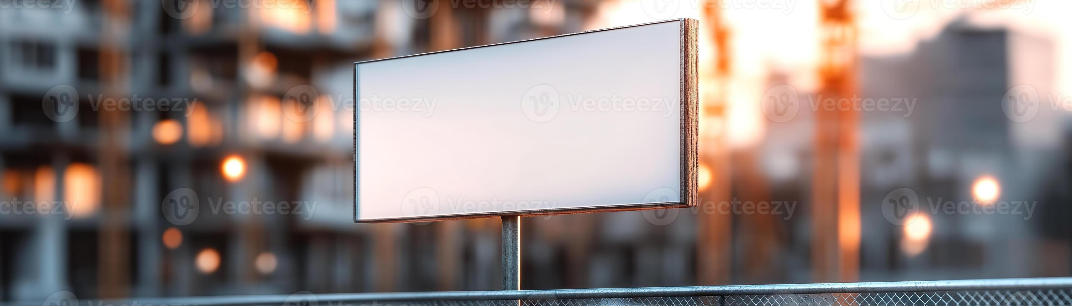 A blank billboard placed on a metal fence stands at an active construction site, with cranes and scaffolding softly blurred in the background during golden hour photo