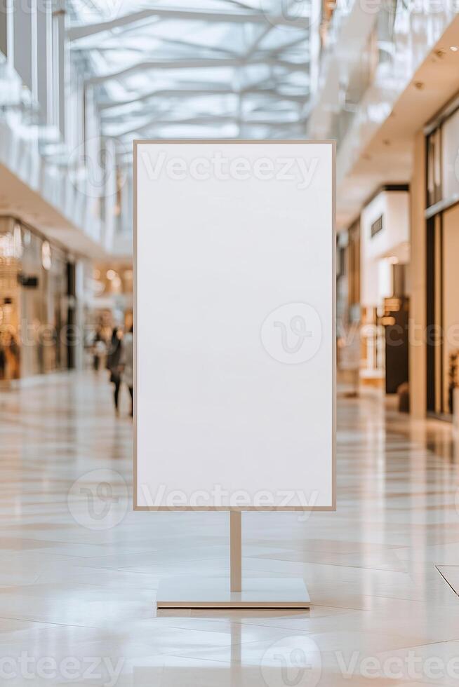 A vertical billboard stands empty in a modern shopping mall, illuminated by natural light. Shoppers are blurred in the background, emphasizing the focus on the billboard, ideal for advertisements photo
