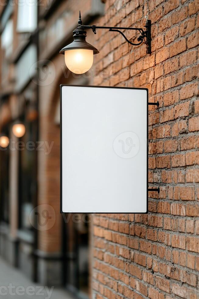 A blank billboard is mounted on an old red brick wall, creating a canvas for promotions. Soft lighting from street lamps enhances the nostalgic downtown atmosphere during golden hour photo