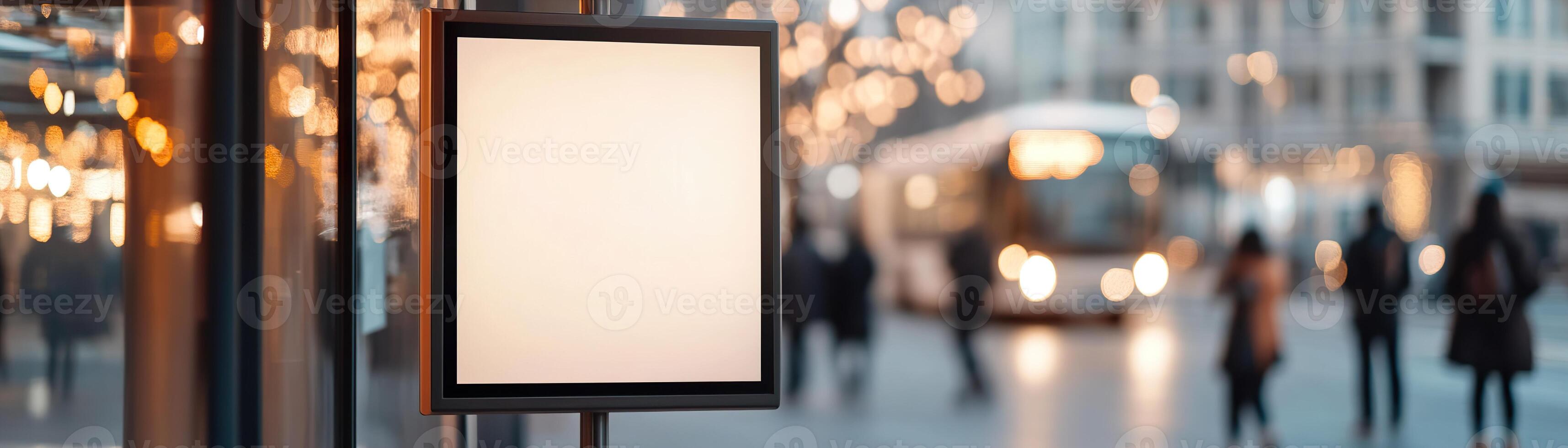 A blank advertisement board awaits new content at a contemporary bus stop with a glass shelter. Pedestrians move by as a city bus approaches, highlighting urban transit life photo