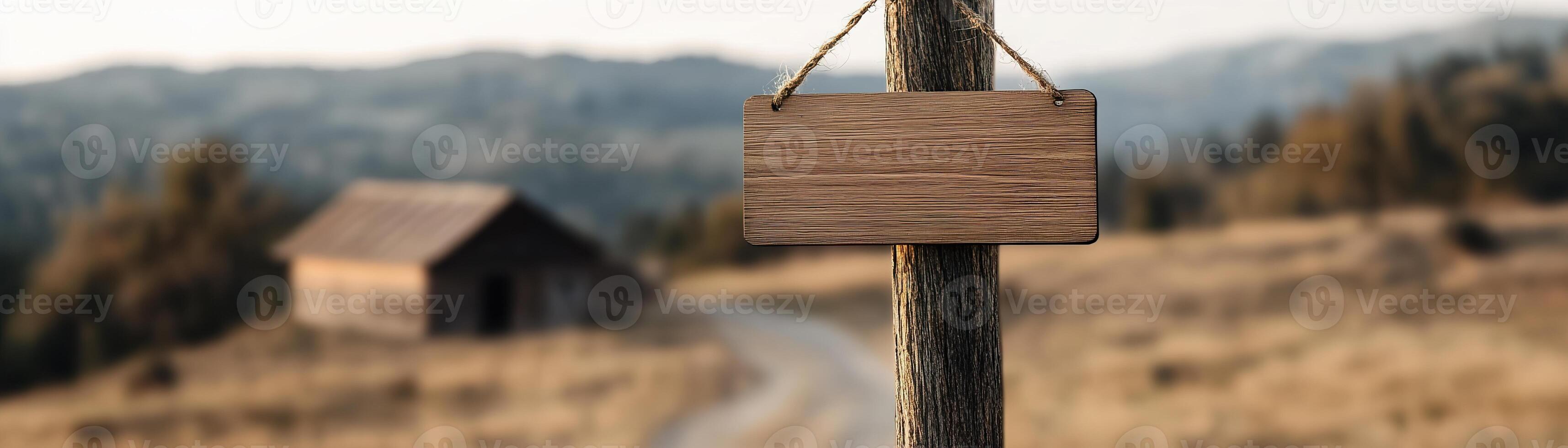 A blank wooden signboard hangs from a post in a tranquil rural area. Rolling hills and a rustic barn create a peaceful backdrop under soft lighting, ideal for farming or eco-friendly messages photo