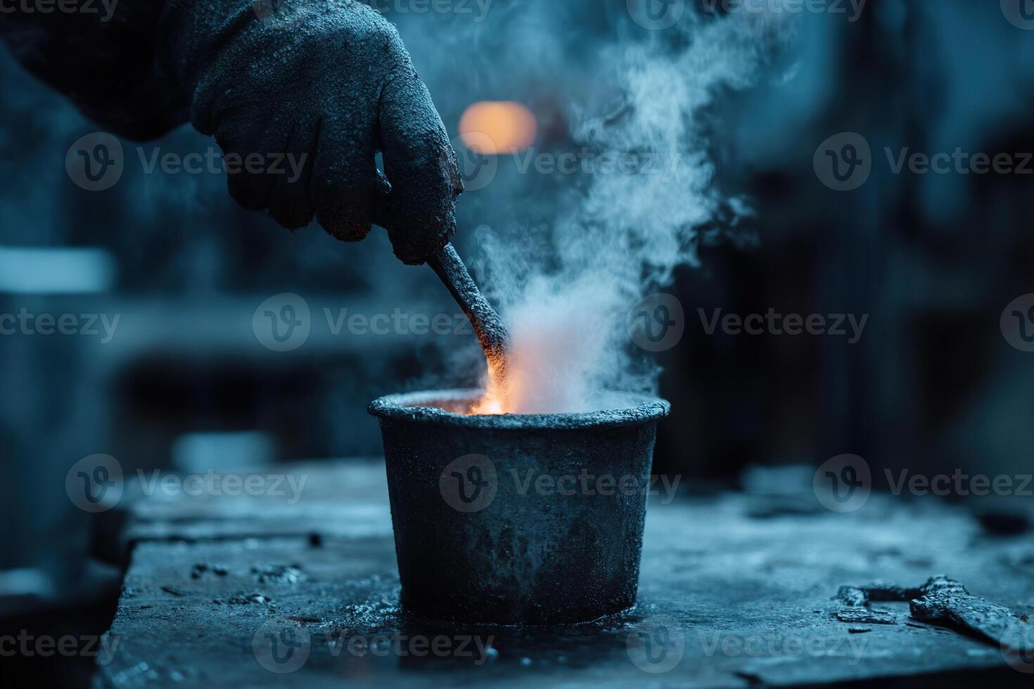 In a dimly lit workshop, a blacksmith plunges a glowing-hot iron piece into a water bucket, generating a dramatic cloud of steam. The warm forge light accentuates the craftsmanship photo