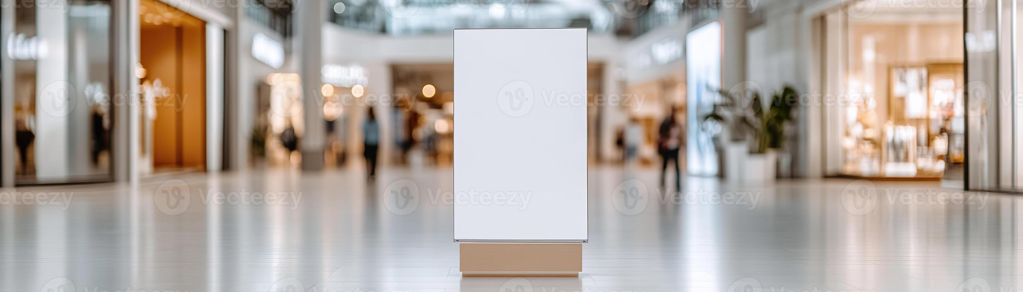 A blank vertical billboard stands prominently in a spacious modern shopping mall. Bright lighting enhances the environment as shoppers pass by stylish storefronts, creating an inviting atmosphere photo
