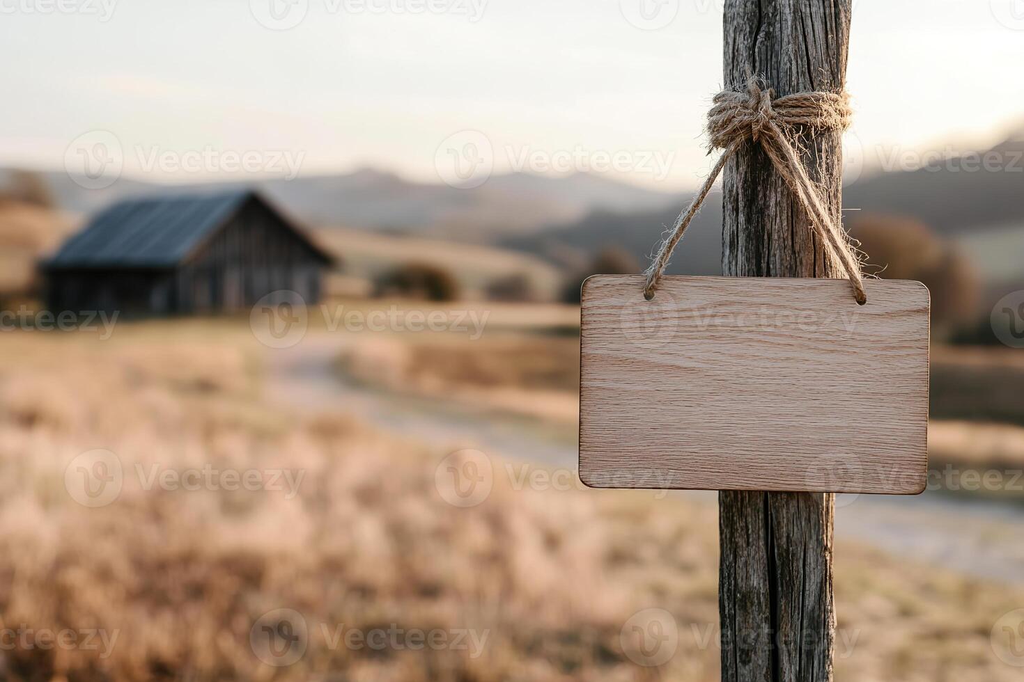 Wooden signboard hangs from a rustic post in a peaceful countryside setting. Softly blurred hills and a barn create a serene environment ideal for eco-friendly themes photo