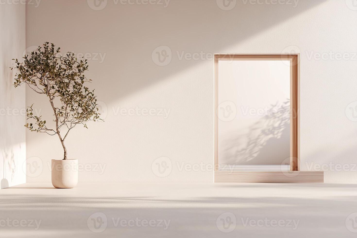 Soft beige walls and light tatami flooring create a calm atmosphere in this spacious room. A wooden doorway frames a blurred garden view, inviting tranquility and focus photo