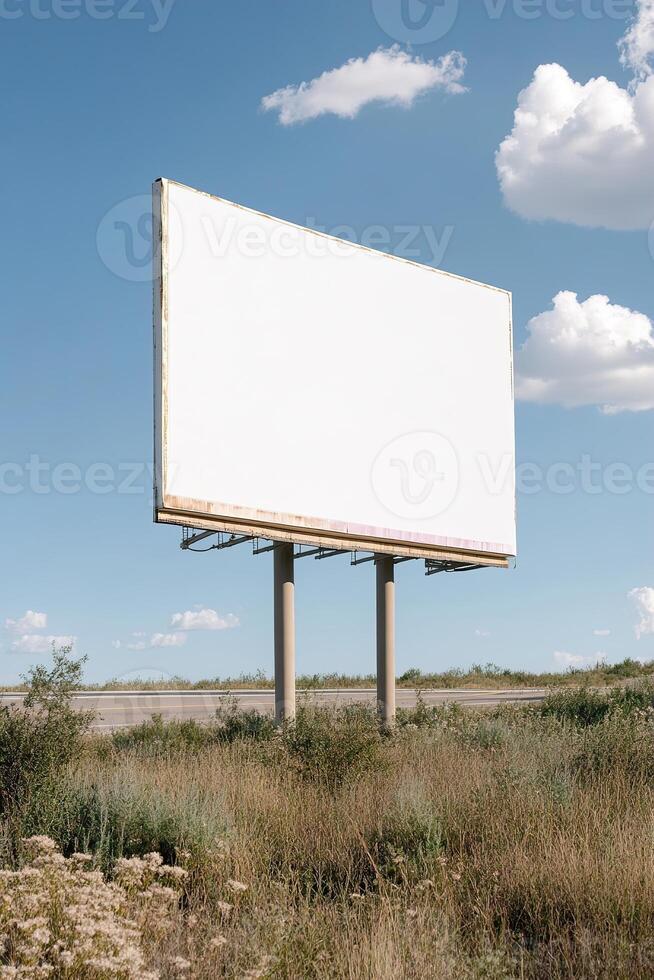 Standing alongside a long, open highway, the massive blank billboard offers clear space for advertising. It's surrounded by rolling green fields and a bright blue sky, ideal for branding photo