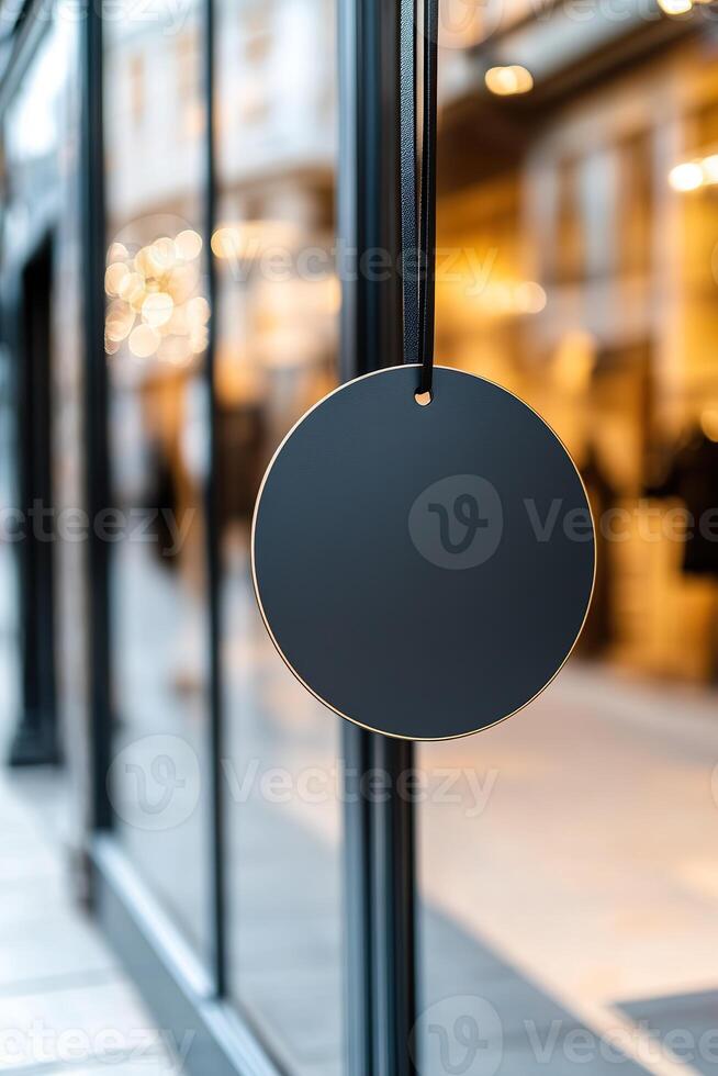 A round metal signboard hangs from a sleek black bracket outside a chic boutique, with a blurred backdrop of a luxury shopping district and glass reflections enhancing the ambiance photo