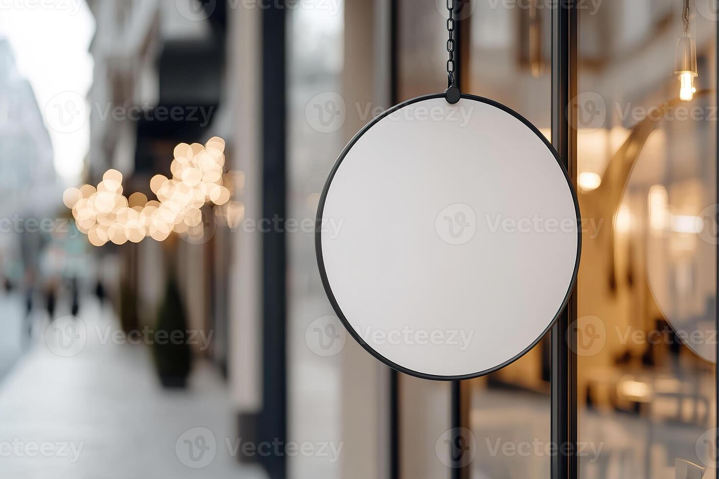 A modern round metal signboard dangles from a black bracket outside a chic boutique. A softly blurred high-end shopping street with glass reflections creates an upscale atmosphere photo