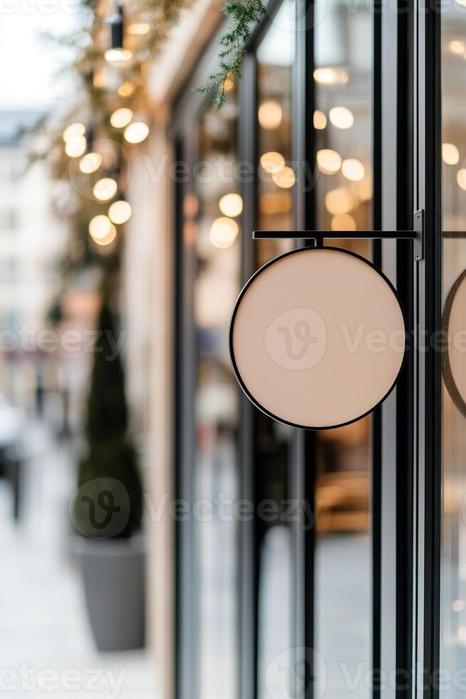 A modern round metal signboard is suspended from a sleek black bracket, enhancing the boutique's aesthetic on a high-end shopping street. Soft reflections dance in the glass windows photo
