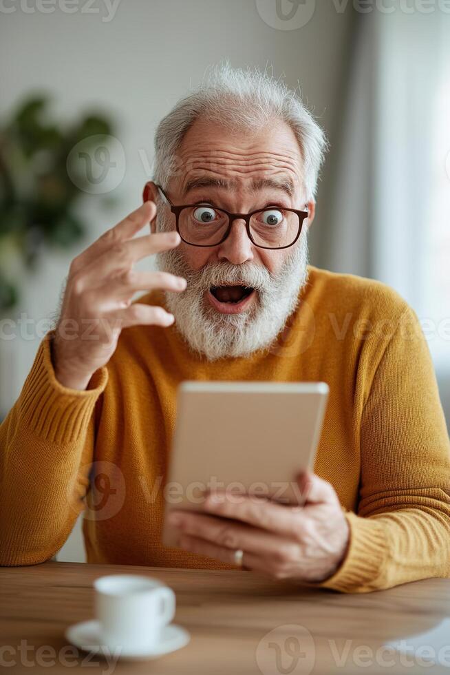 A senior man, seated at a wooden desk, holds a tablet with an expression of amazement. The warm and spacious home environment enhances the tech-savvy vibe, leaving room for your branding photo
