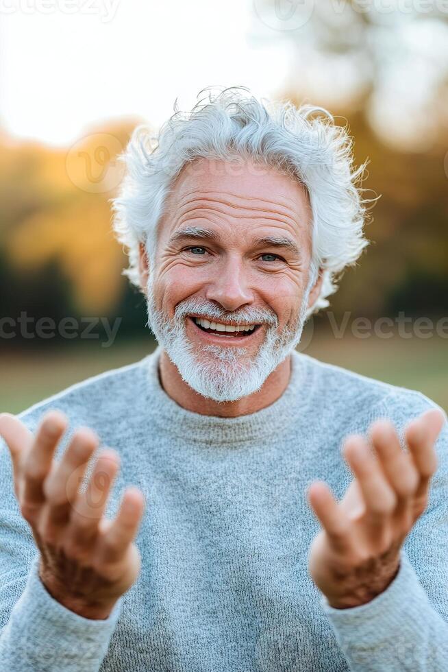 A senior man with white hair and a big smile playfully throws his hands up as if in shock. He enjoys a joyful moment in a sunny outdoor park setting, surrounded by warmth and nature photo
