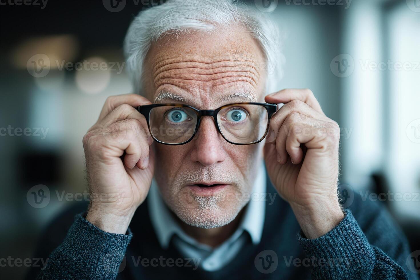 A senior man with silver hair pulls down his glasses, his eyes wide with shock in a modern office environment. Soft blurred background enhances the corporate atmosphere photo