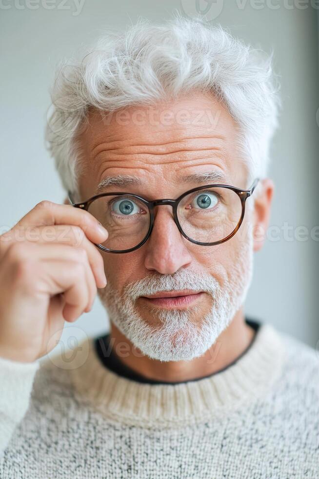 A senior man with silver hair looks shocked, pulling down his glasses in a modern office. The soft background emphasizes his expression, ideal for business and financial branding photo