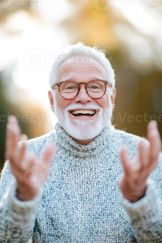 In a charming outdoor park, a senior man with white hair and glasses expresses joy by throwing his hands up in playful shock. His big smile radiates warmth, inviting others to share in the happiness photo