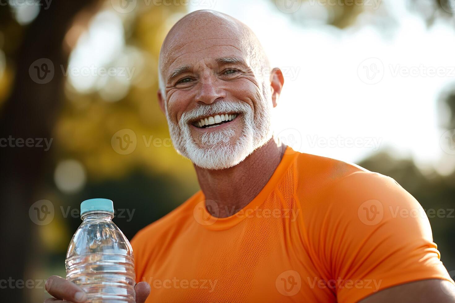 Fit senior man smiles while holding a water bottle in a bright outdoor setting. The happy expression reflects a vibrant approach to health and wellness, ideal for fitness promotions photo