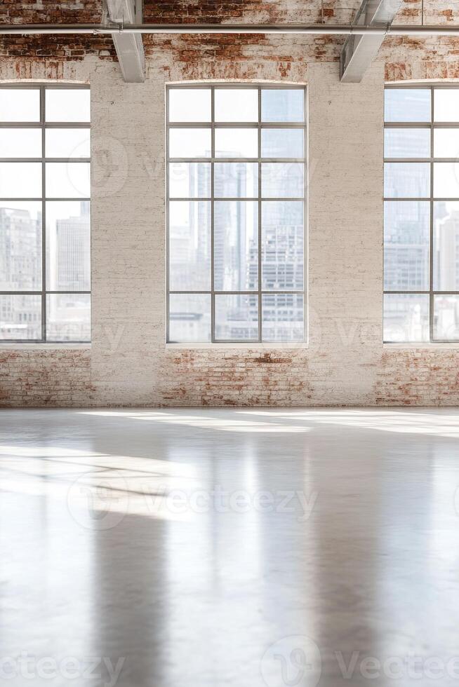 This spacious loft showcases high ceilings and polished concrete floors, exuding an urban vibe with its exposed brick walls and large windows. Ideal for modern branding photo