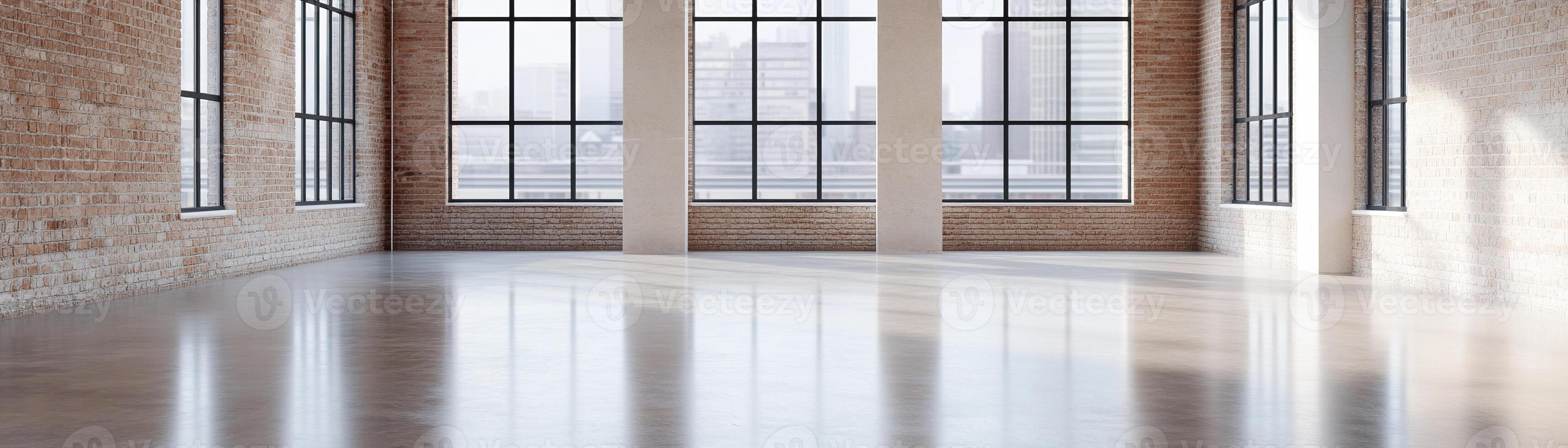 Large, empty loft-style room features high ceilings, exposed brick walls, and polished concrete floor. Cityscape is softly visible outside through large windows, creating an urban aesthetic photo