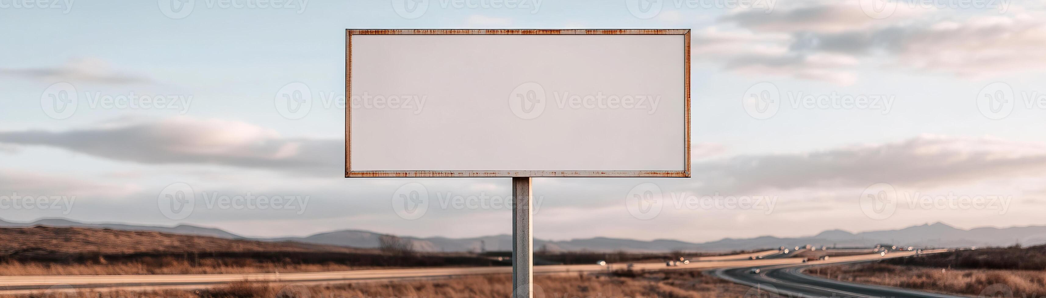 Large blank signboard mounted on a sturdy metal pole stands beside a wide highway. Vehicles move in the blurred background against a partly cloudy sky. Ideal for advertisements photo