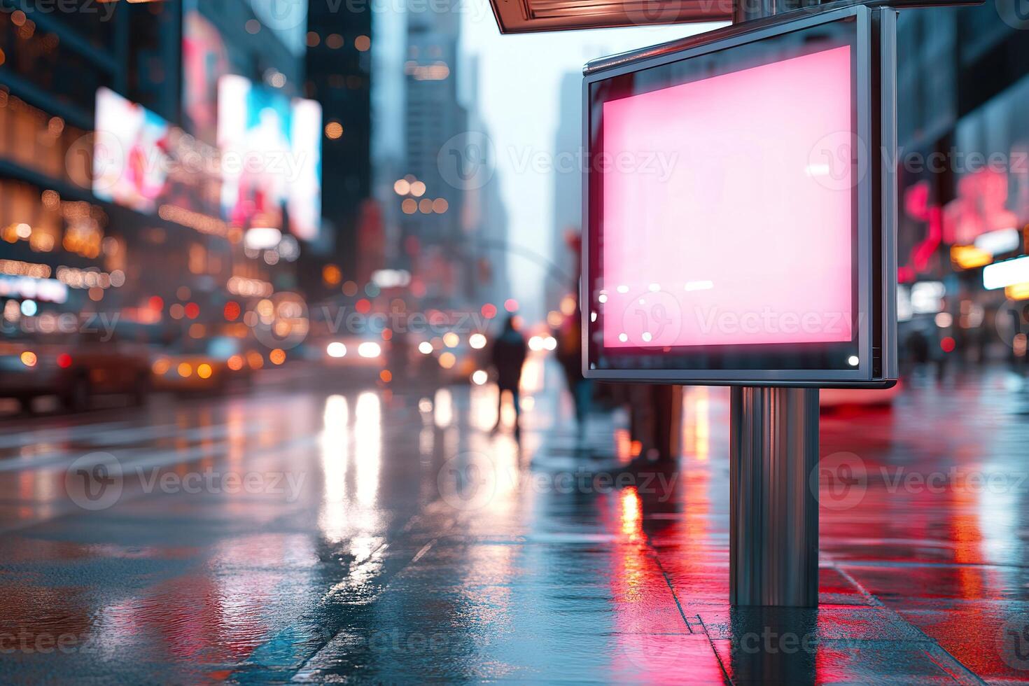 A large blank billboard looms over a lively city street at dusk, surrounded by neon lights. Wet pavement glistens while passing cars create a sense of motion and energy photo