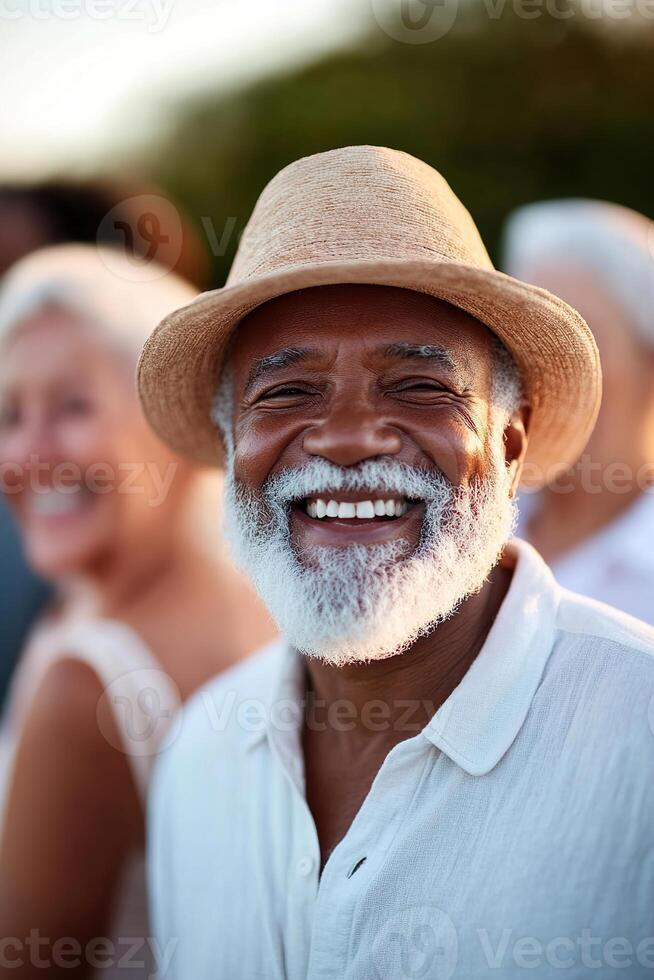 A group of happy seniors enjoys a lighthearted moment outdoors, laughing together in a vibrant park setting. Their expressions of joy convey a sense of community and connection photo