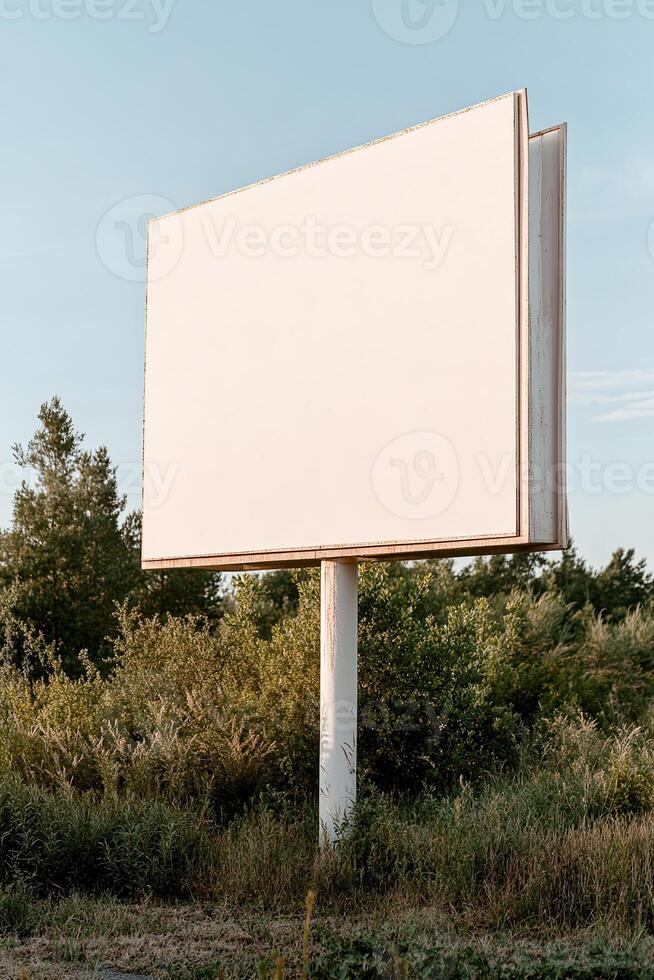 A large blank billboard stands alone on a serene country road, framed by lush green fields and a clear blue sky, ideal for nature and wellness branding photo
