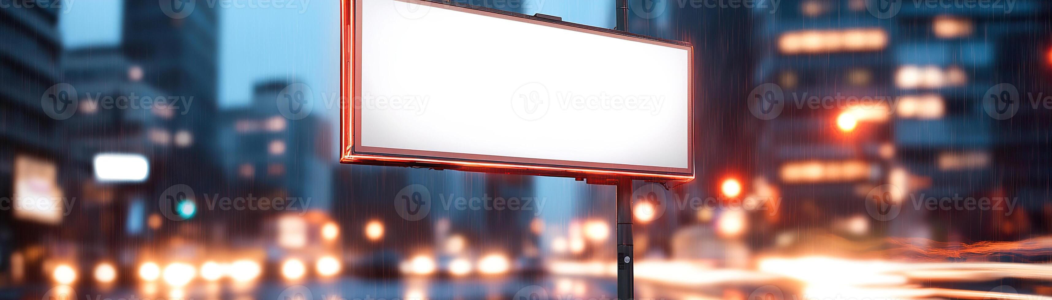 The bustling city street features a large blank billboard mounted high on a metal structure photo