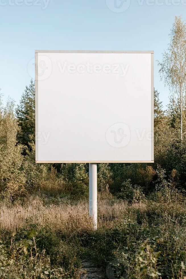 A large blank billboard stands alone on a tranquil country road, framed by lush green fields and an open blue sky, offering a perfect backdrop for nature-focused branding photo