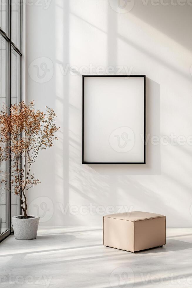 A well-lit gallery room features a large blank frame floating against a smooth white wall. The modern decor includes soft ambient lighting, inviting creative expressions photo