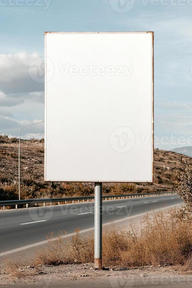 Blank signboard mounted on a sturdy pole stands beside a busy highway. Moving vehicles pass while the landscape features open spaces and a partly cloudy sky, ideal for ads photo