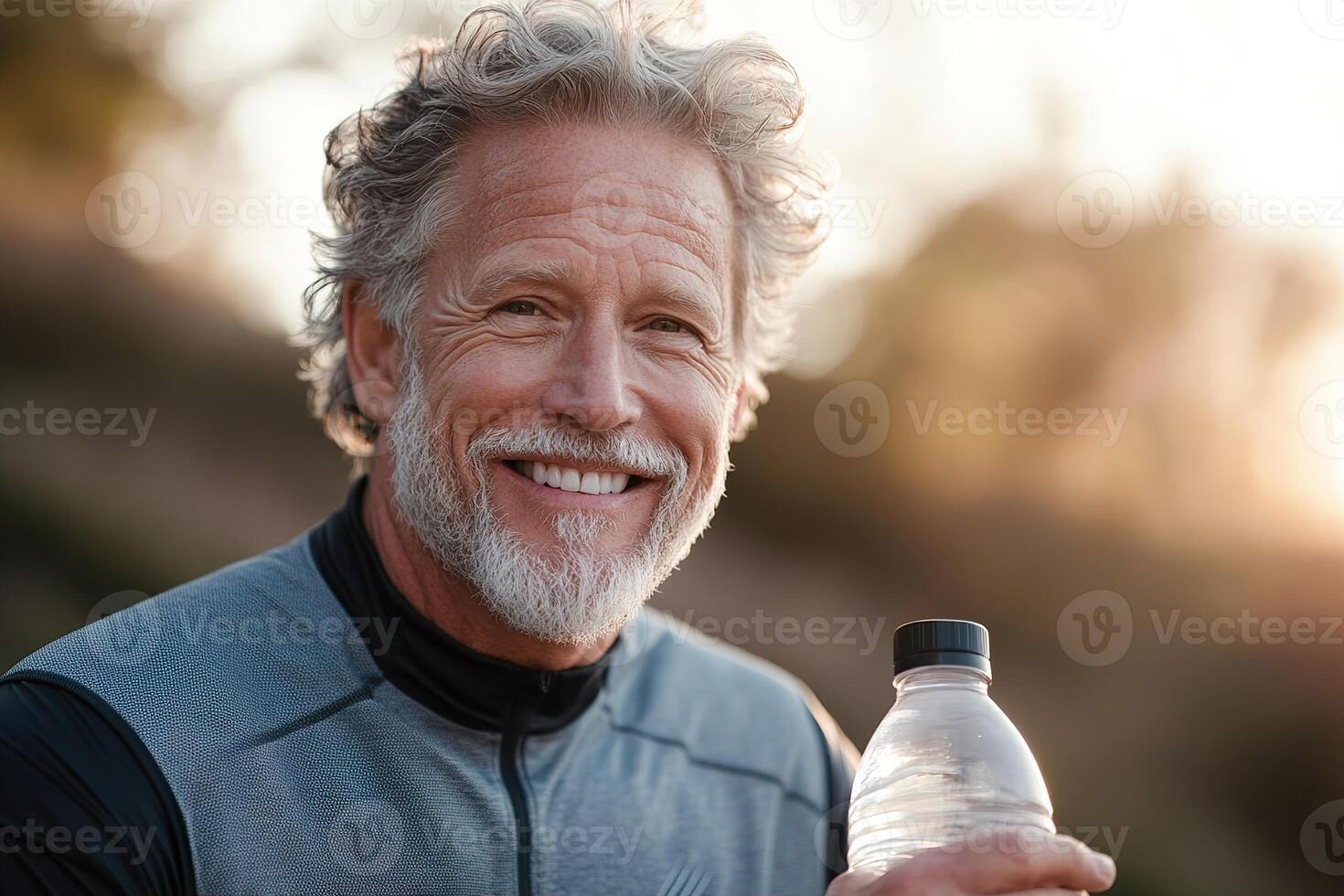 Senior man dressed in athletic sportswear smiles joyfully while holding a water bottle. The bright outdoor backdrop adds an energetic vibe, making it ideal for wellness themes photo