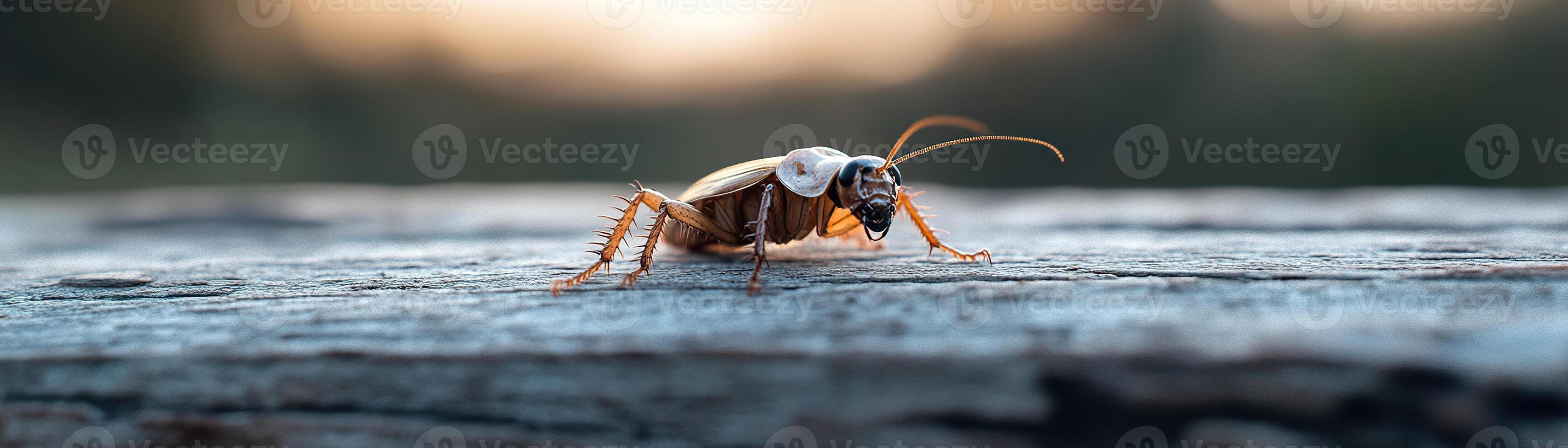 A cockroach stands still on a weathered wooden surface, illuminated by soft natural light. The fine details of its exoskeleton and wood grain create a nature-inspired atmosphere that evokes wildlife photo