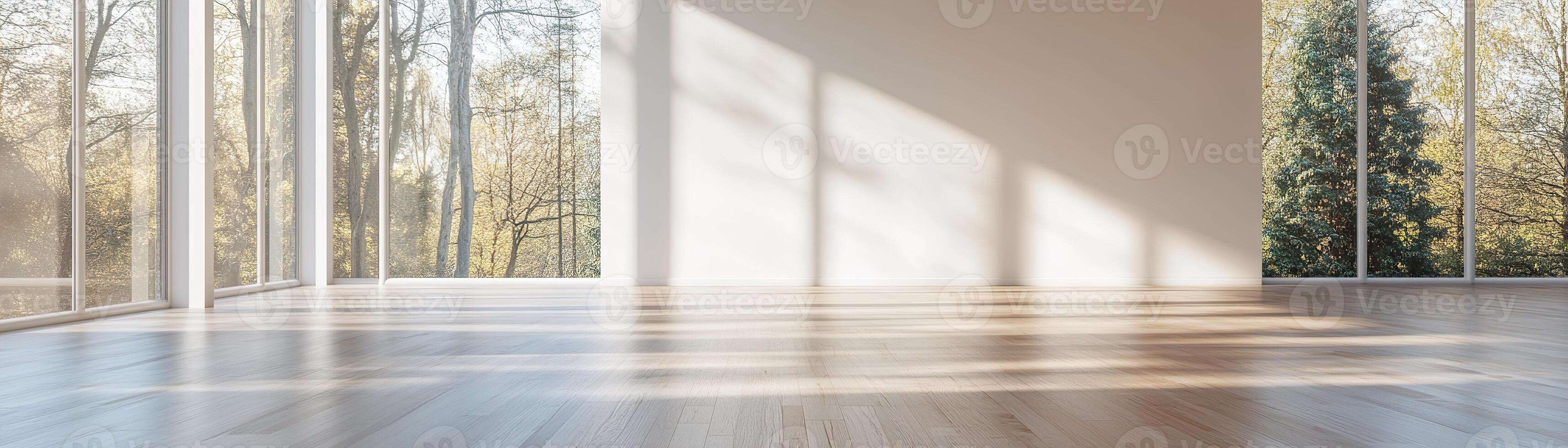 Bright and airy space features floor-to-ceiling windows bringing in natural light. The white walls and polished wooden floor create an inviting atmosphere for design projects photo