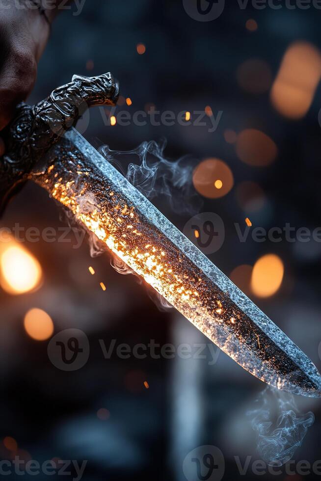 A strong blacksmith proudly raises a freshly forged sword with a glowing blade. The cool air captures the steam rising as tools and embers scatter in the blurred background photo