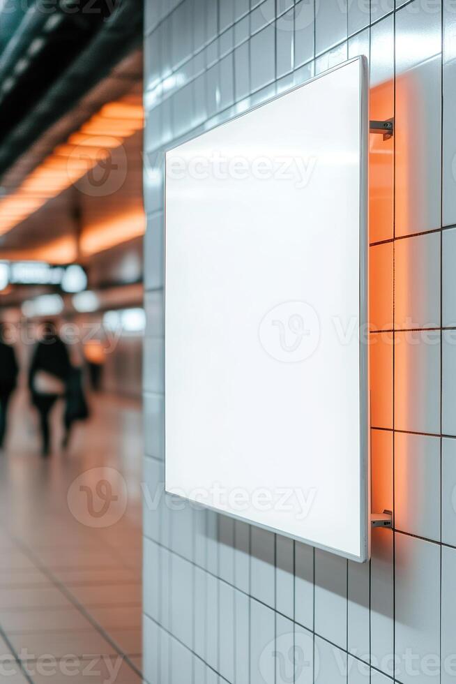 A sleek, blank billboard is mounted on a tiled wall in a modern subway station. Commuters pass by, adding a lively urban feel to the setting, perfect for interactive advertising photo