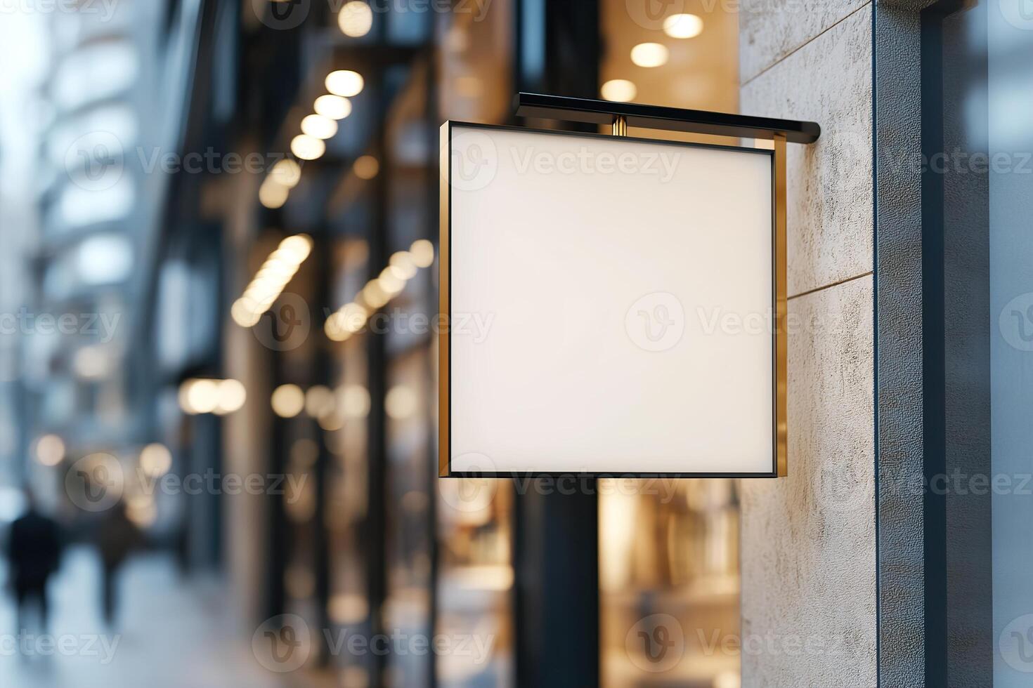 A blank signboard is mounted above the glass entrance of a modern retail store, showcasing the vibrant shopping district filled with pedestrians. Soft focus enhances the commercial atmosphere photo