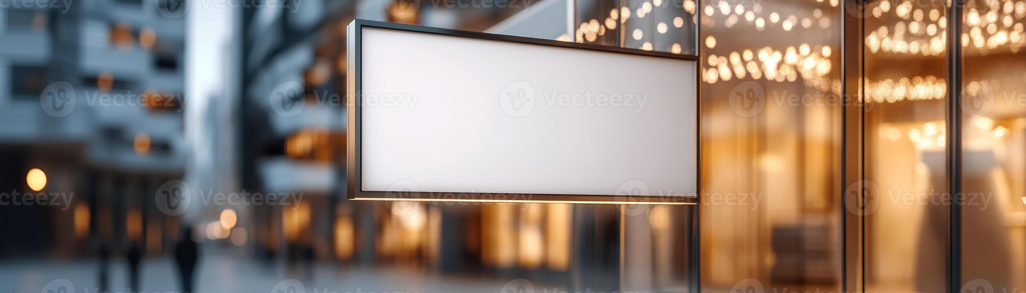 A blank signboard is prominently mounted above a glass entrance, inviting potential customers to the modern retail store. The stylish shopping district buzzes with pedestrians enjoying their day photo